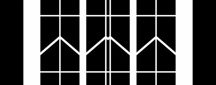 Une série de formes noires sur fond blanc, encadrée par deux traits noirs